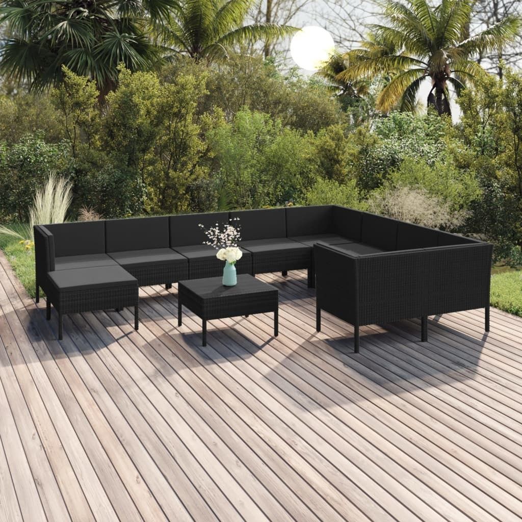 "2024"Modernen 11-tlg. Garten-Lounge-Set mit Auflagen Poly Rattan Schwarz Design Klassische Gartenset Sitzgruppe 5811904