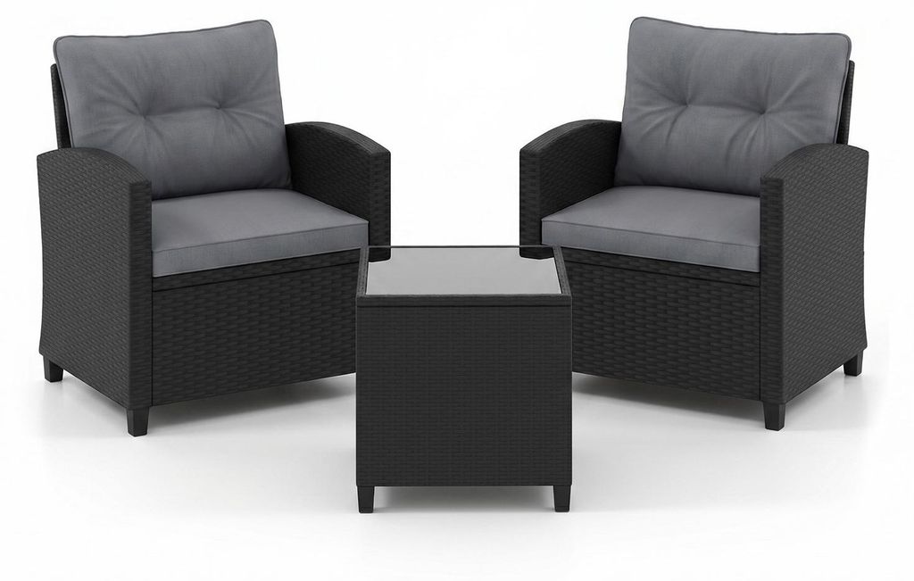 COSTWAY 3-TLG. Polyrattan Gartenmöbel Set, Balkonmöbel mit Kissen, 2 Stühlen & Tisch, Balkonset, Terrassenmöbel, Gartengarnitur, Sitzgruppe Grau