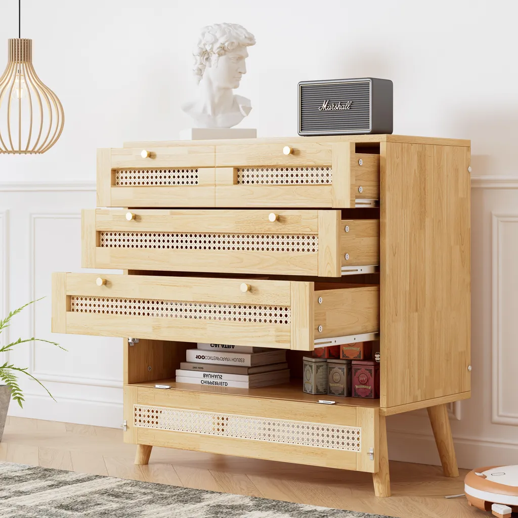 Mobiletto Credenza Merax: 3 Cassetti Rattan e Maniglie Oro Vintage