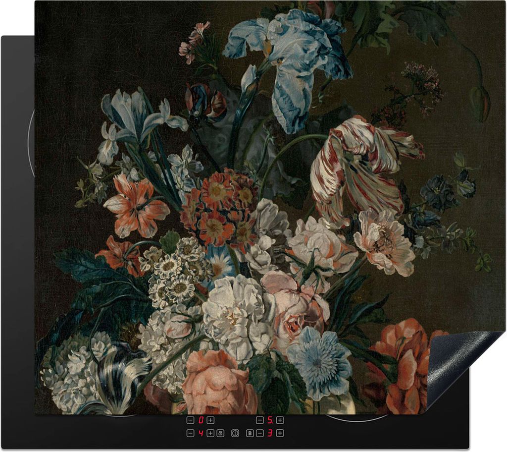 KitchenYeah Herdabdeckplatte Stilleben mit Blumen - Gemälde von Cornelia van der Mijn , 60x52cm, Küche Deko, Glaskeramikfeld Herdabdeckung, Abd...