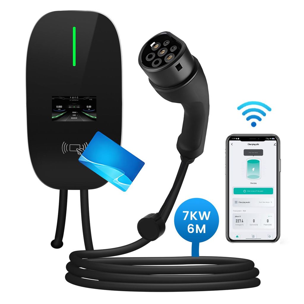 Typ 2 Ev Wallbox für Elektrofahrzeuge, 1 Phase, 7kW, Stromstärke über App einstellbar, zeitgesteuertes Laden, mit 4 RFID-Karten (6 m, 6–32A)