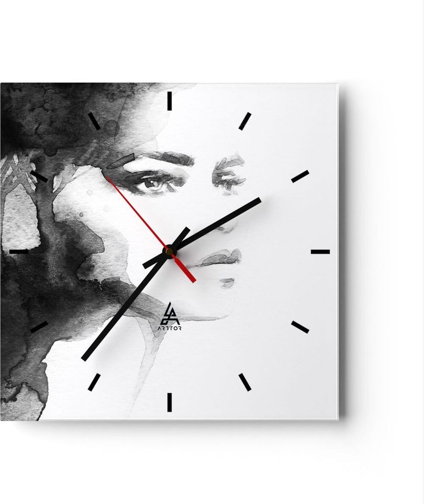 Wanduhr - Quadrat - Glasuhr - Porträt Malerei Frau Gesicht - 30x30cm - Schleichendes Uhrwerk - Lautlos - zum Aufhängen bereit - Dekoration Modern...