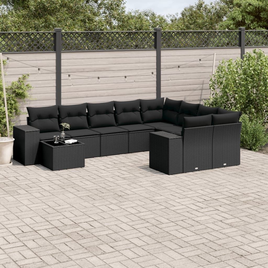 10-tlg. Garten-Sofagarnitur mit Kissen Schwarz Poly Rattan 3223054
