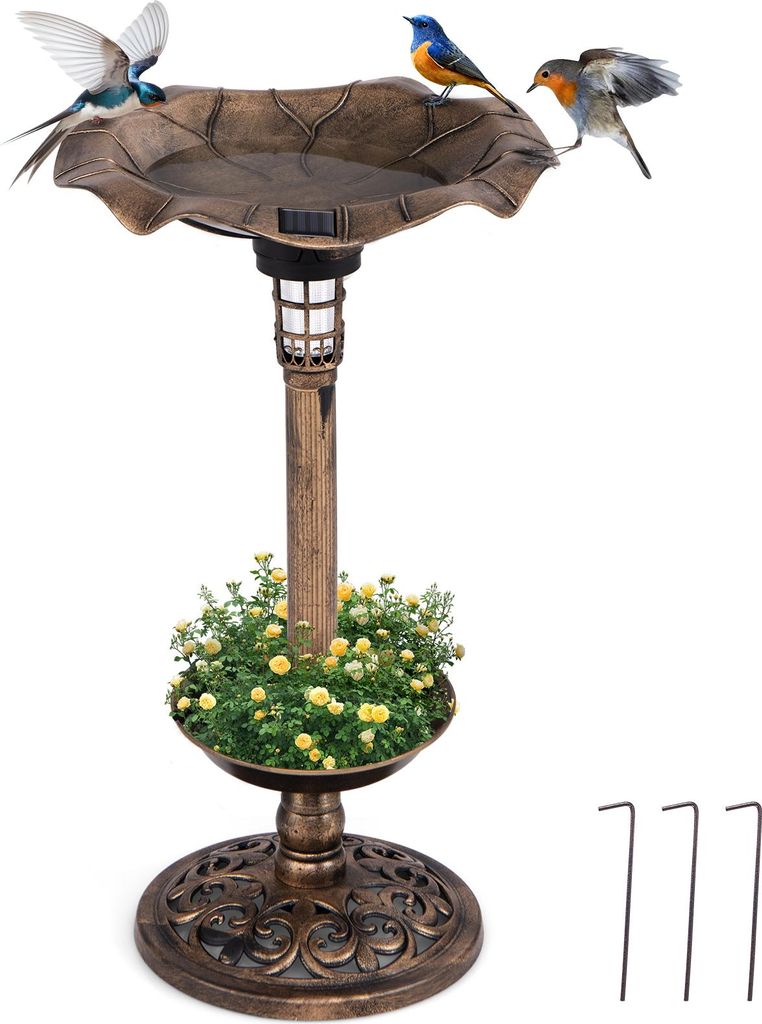 GOPLUS Vogeltränke stehend, Vogelbad Winterfest mit Solar Licht & Blumentopf, Vogelbrunnen Retro, Garten Tränke Bad für Wildvögel, Antikbronze