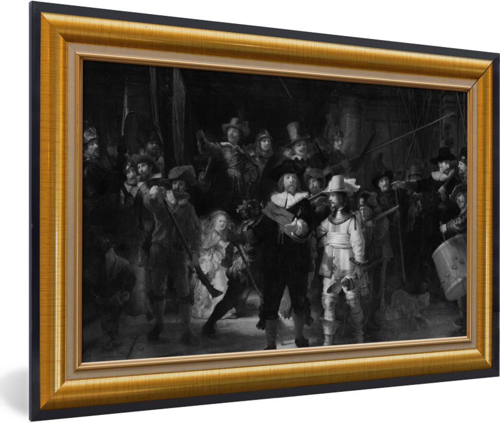 MuchoWow Gerahmtes Poster Nachtwache - Van Rijn - Liste - Gold 60x40 cm - Poster mit Schwarzem Bilderrahmen Wandposter Rahmen Foto Bilder - Print...
