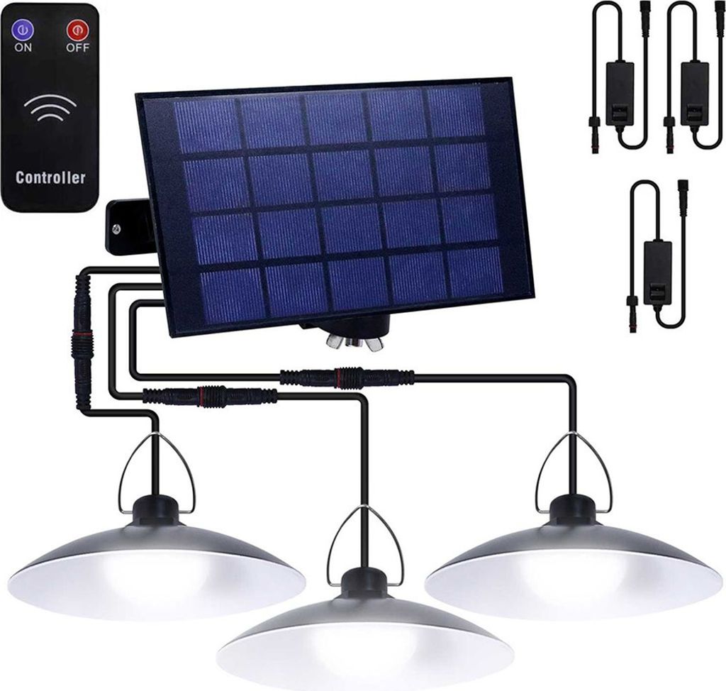 Außen Solarlampe Wasserdichte Garten Solar Pendelleuchte mit 3 Lampen und Fernbedienung, Weiß