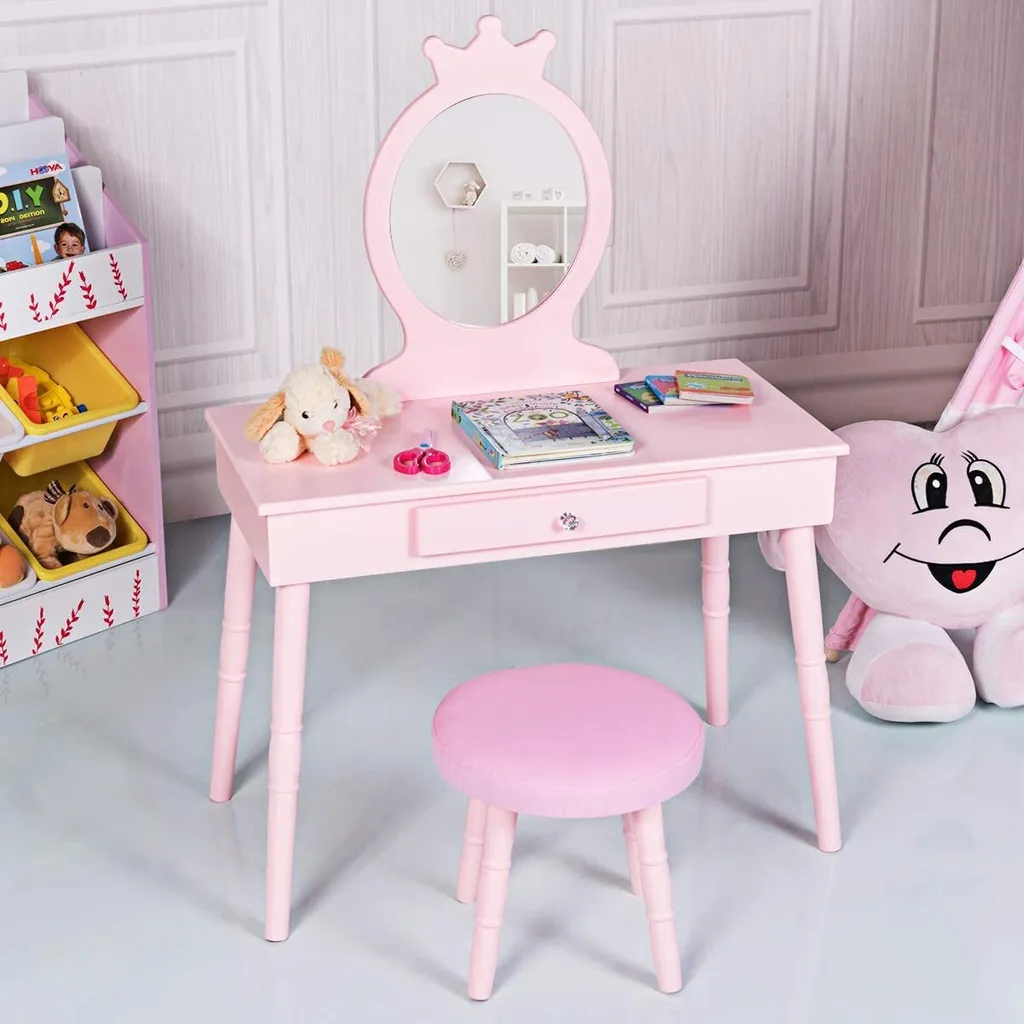 Specchiera Magica COSTWAY per Bambine - Legno Rosa con Sgabello e Cassetto