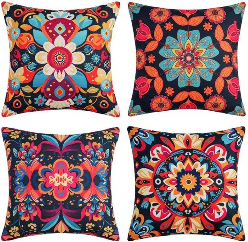 Housse de coussin boho lot de 4 motifs ethniques 40x40cm en polyester