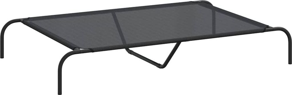 A dark gray elevated dog bed with a black metal frame, shown from a side angle against a white background.