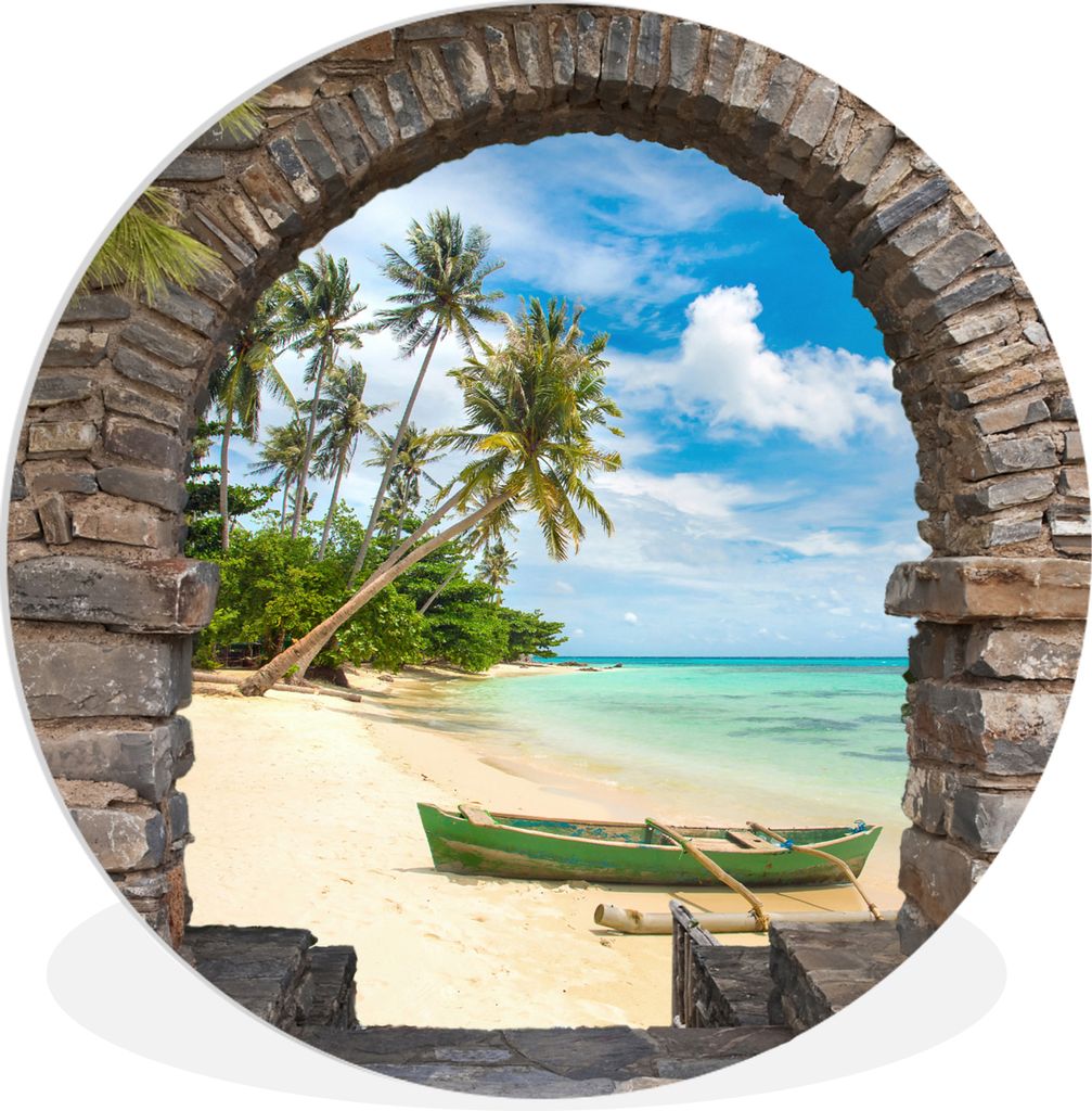 MuchoWow Rundes Wandbild - Runde Bilder Strand - Palme - Blick - Meer - Kanu Ø 90 cm Kreis Wanddekoration Kunststoff - Wandkreis - Wandschmuck -...
