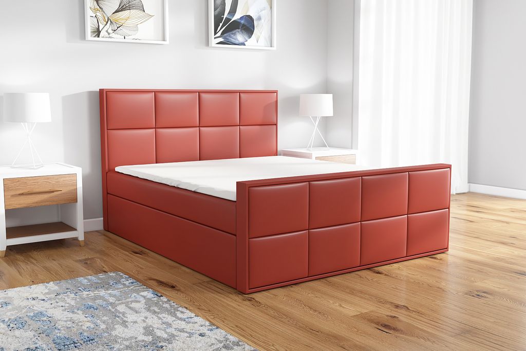 Boxspringbett BARD 200 x 200 mit 2 Bettkästen, Bonell-Matratze und Topper. Farbe: Rot