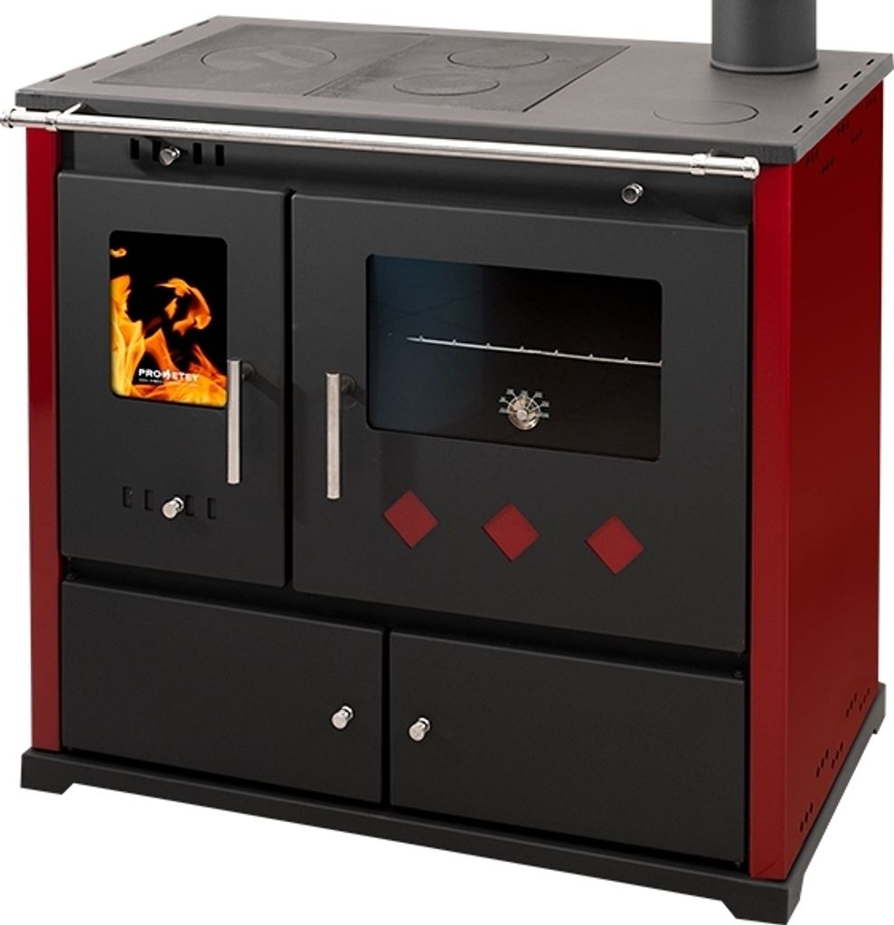 A red and black wood-burning stove with a glass oven door and stovetop.