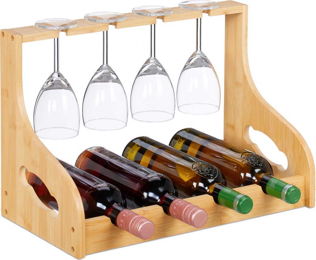 Relaxdays Weinregal mit Glashalter, 4 Flaschen & Gläser, Produktbild 
