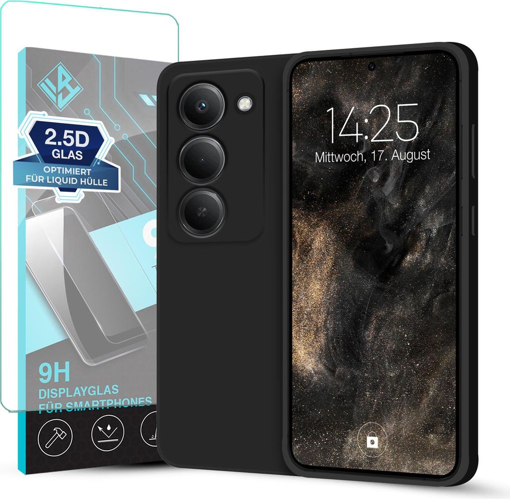 Hülle für Xiaomi Redmi 15 / 15 5G mit 9H Displayglas Displayschutz Case Cover Bumper Smartphone Softgrip Schutzhülle Farbe: Schwarz