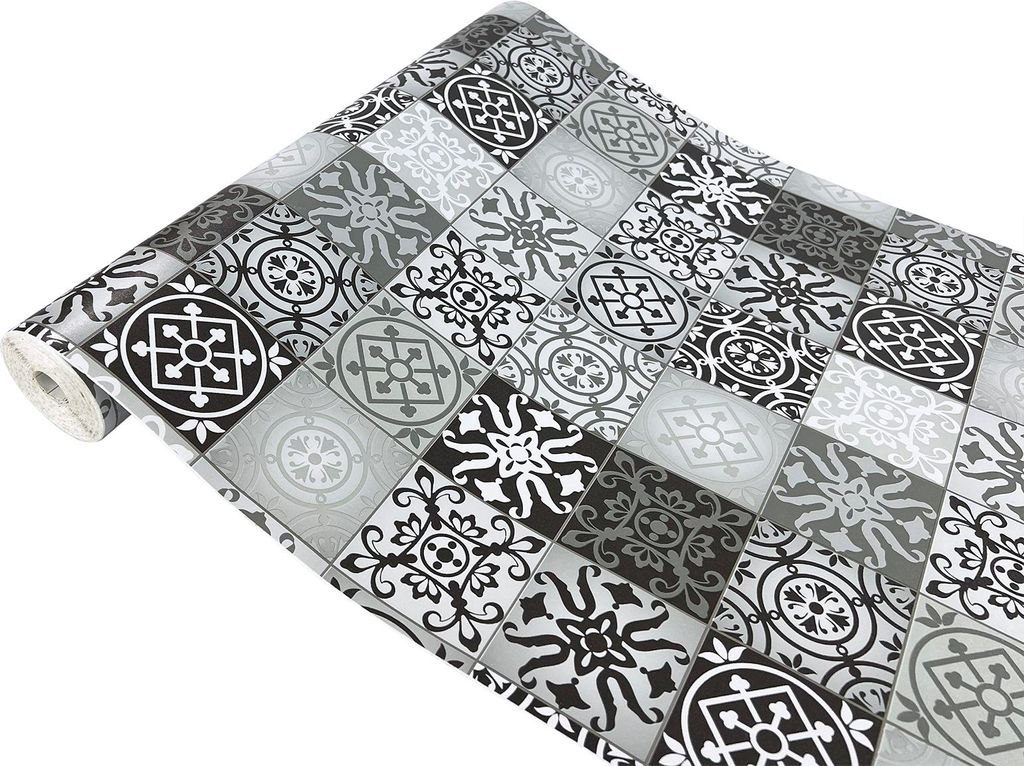 Klebefolie Möbel 45x1500 cm - Fliesen Schwarzweiß - Möbelfolie Deko-Stil selbstklebend - PVC Folie für kreative Raumgestaltung - Selbstklebende...