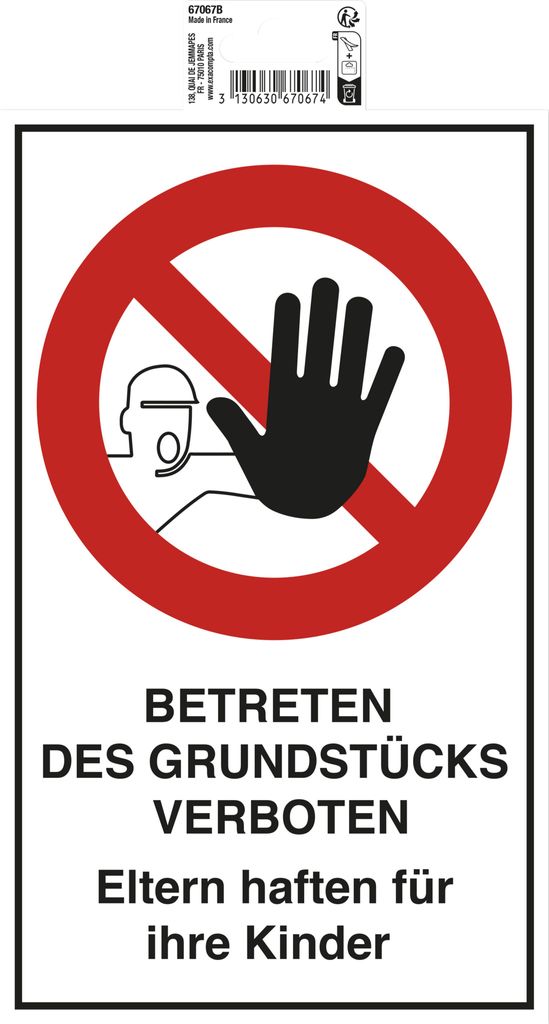 Exacompta Hinweisschild Betreten verboten, 15x25 cm, PVC - - 67067B