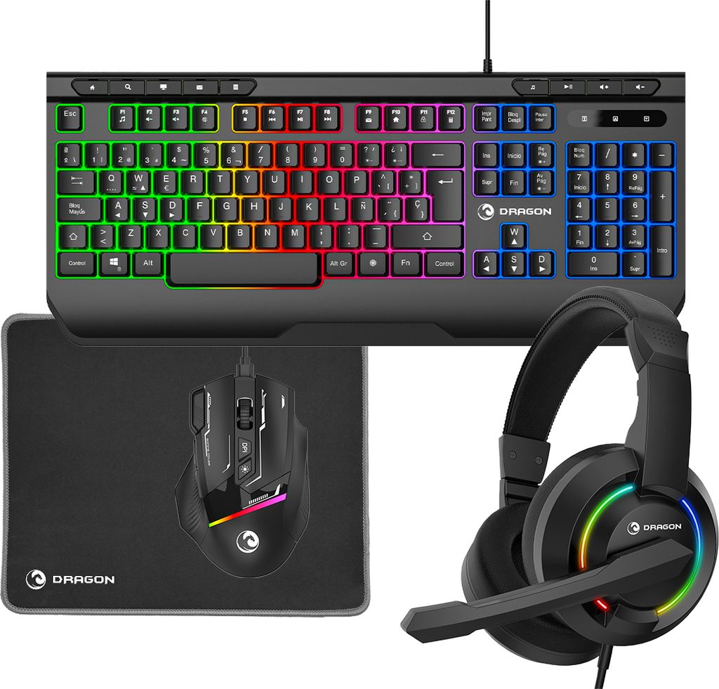 PRIXTON Gaming Set Dragon | Komplettset mit RGB-Tastatur, Maus, Headset, Mauspad