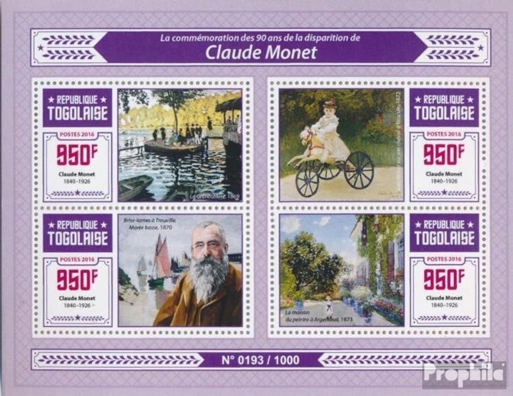Briefmarken Togo 2016 Mi 7270-7273 Kleinbogen (kompl. Ausgabe) postfrisch Claude Monet
