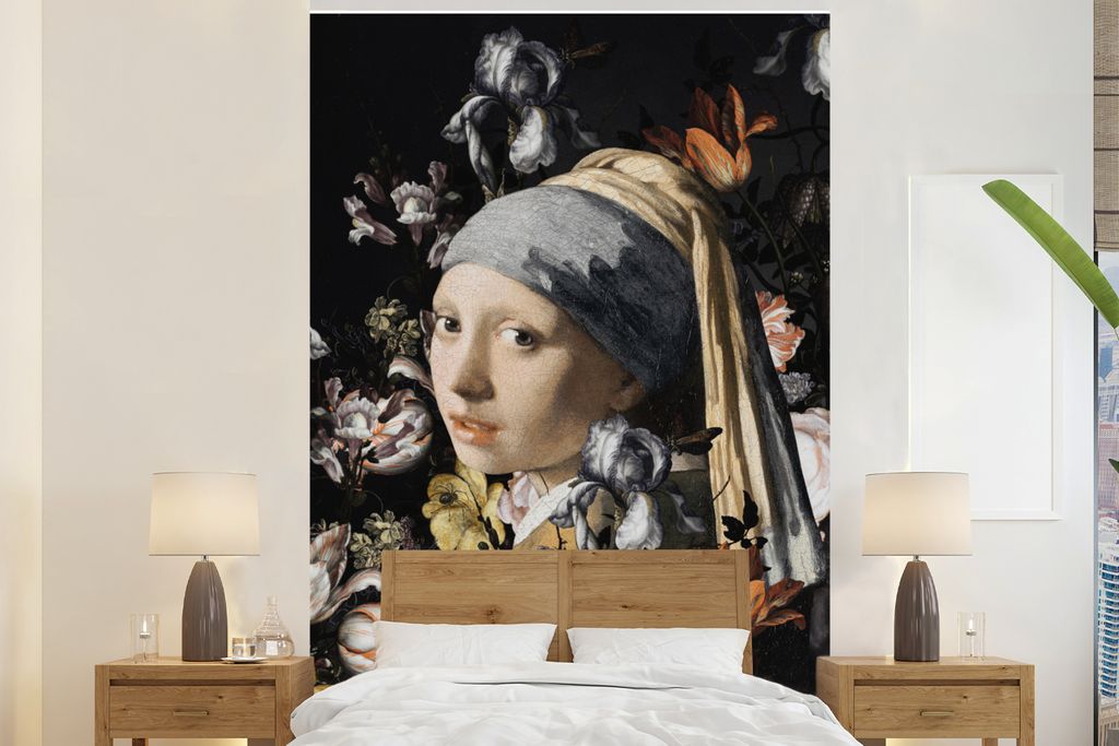 MuchoWow Fototapete für Wohnzimmer oder Schlafzimmer Wandtapete Vinyl Motivtapete Das Mädchen mit dem Perlenohrring - Johannes Vermeer - Blumen...