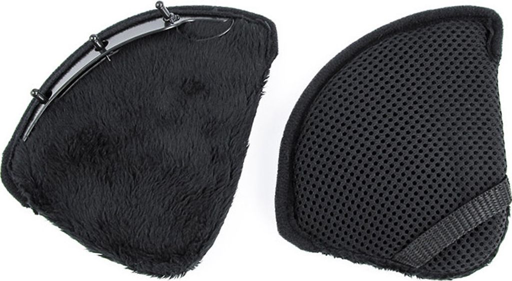 Two black ear warmers for a helmet, shown from different angles.