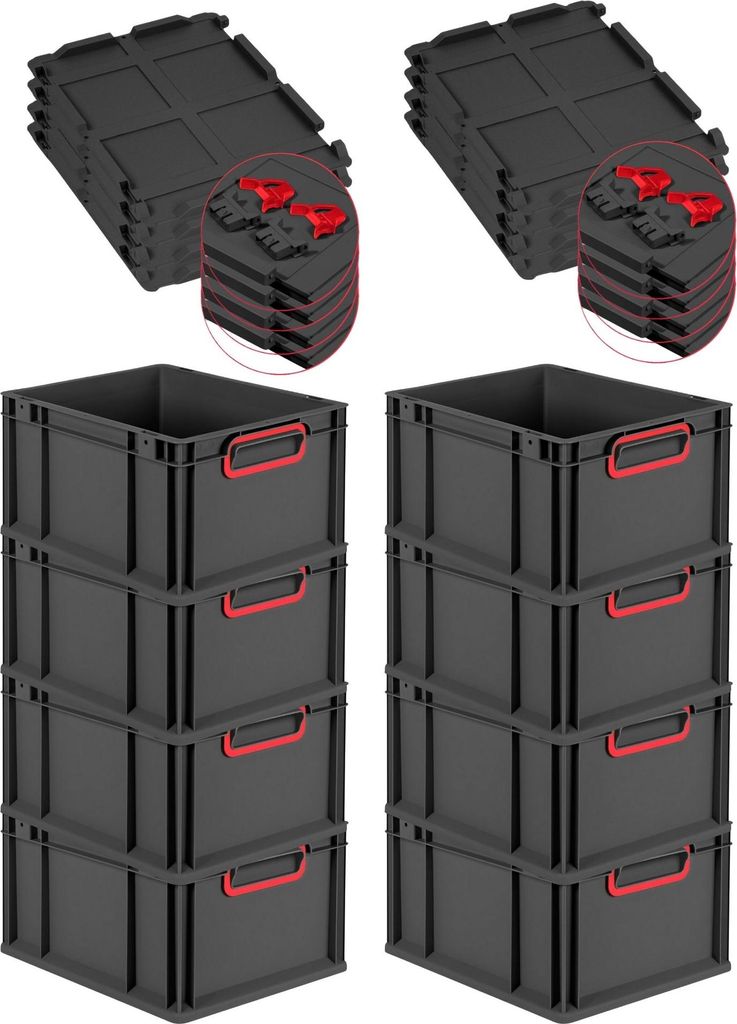 SuperSparSet 8x Eurobox NextGen Color mit Scharnierdeckel und Schiebeschnappverschlüssen | HxBxT 22x30x40cm | 20 Liter | Schwarz | Griffe rot gesc...