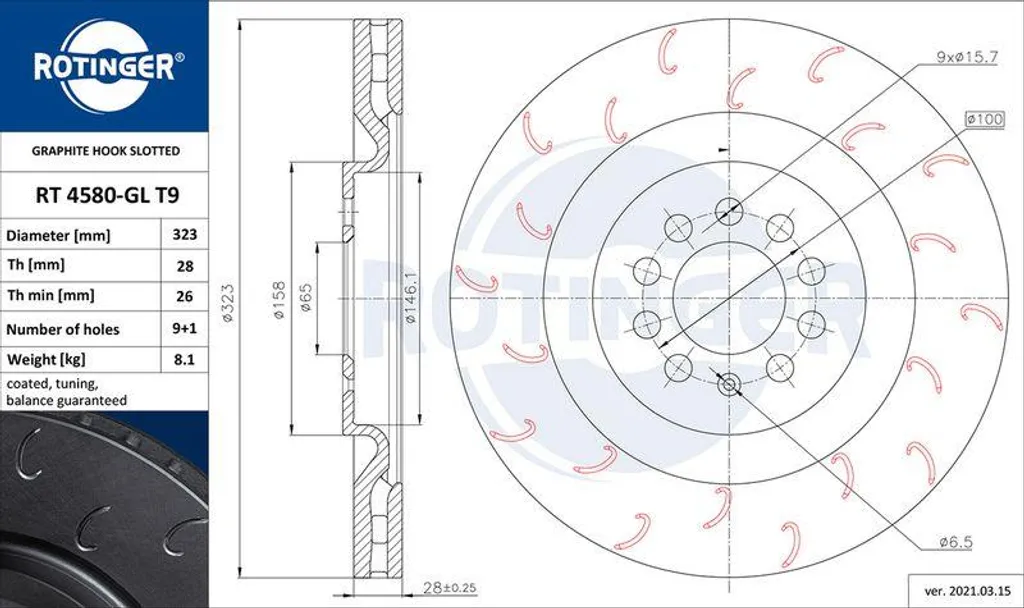 Disque de frein ventilé série T9 pour Leon avec revêtement Graphite