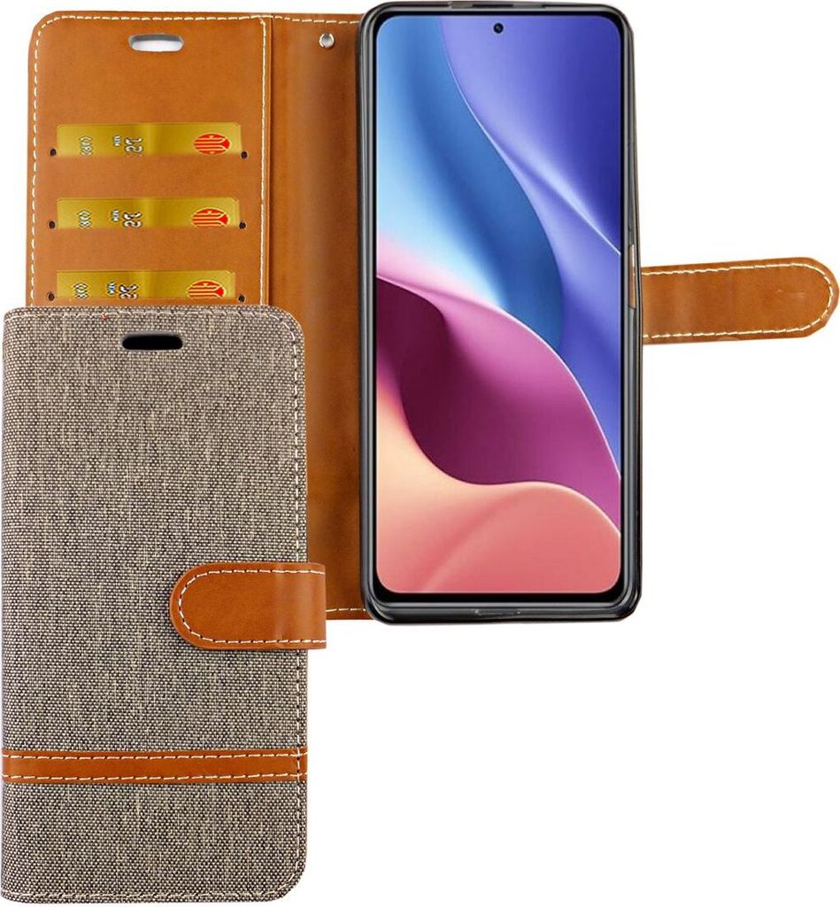 Xiaomi Mi 11i / Poco F3 Tasche Handy Hülle Schutz-Cover Flip-Case mit Kartenfach, Farbe:Jeans Grau