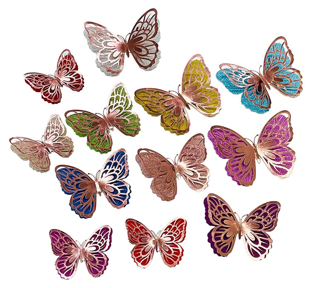 6 Stück 3D-Schmetterlings-Wandaufkleber, doppellagig, mit Glitzer und Pailletten verziert, abnehmbar, hohl, für Geburtstagstortendekoration, Bast...