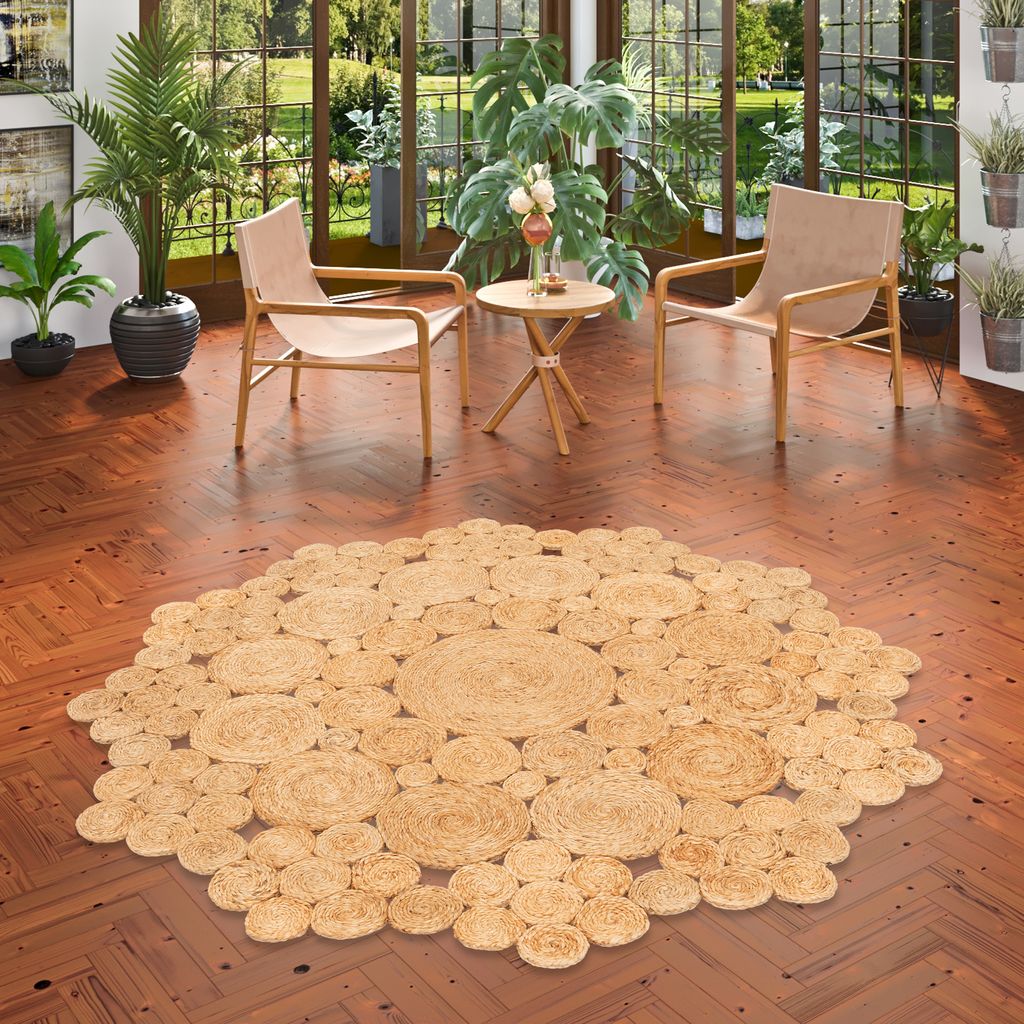 Naturfaser Teppich Handgefertigt Jute Salsa Natur Circle Beige Rund, Größe:100 cm Rund