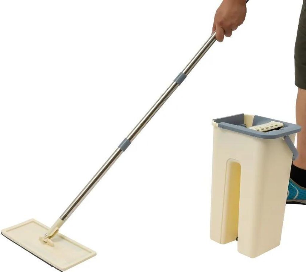 Bodenwischer mit Eimer - Flachmopp-Set - Selbstwringender Eimer mit Schiebesystem - Mikrofaser-Pads 10 Stück - 360°-Drehkopf - Stahlstiel - Nass ...