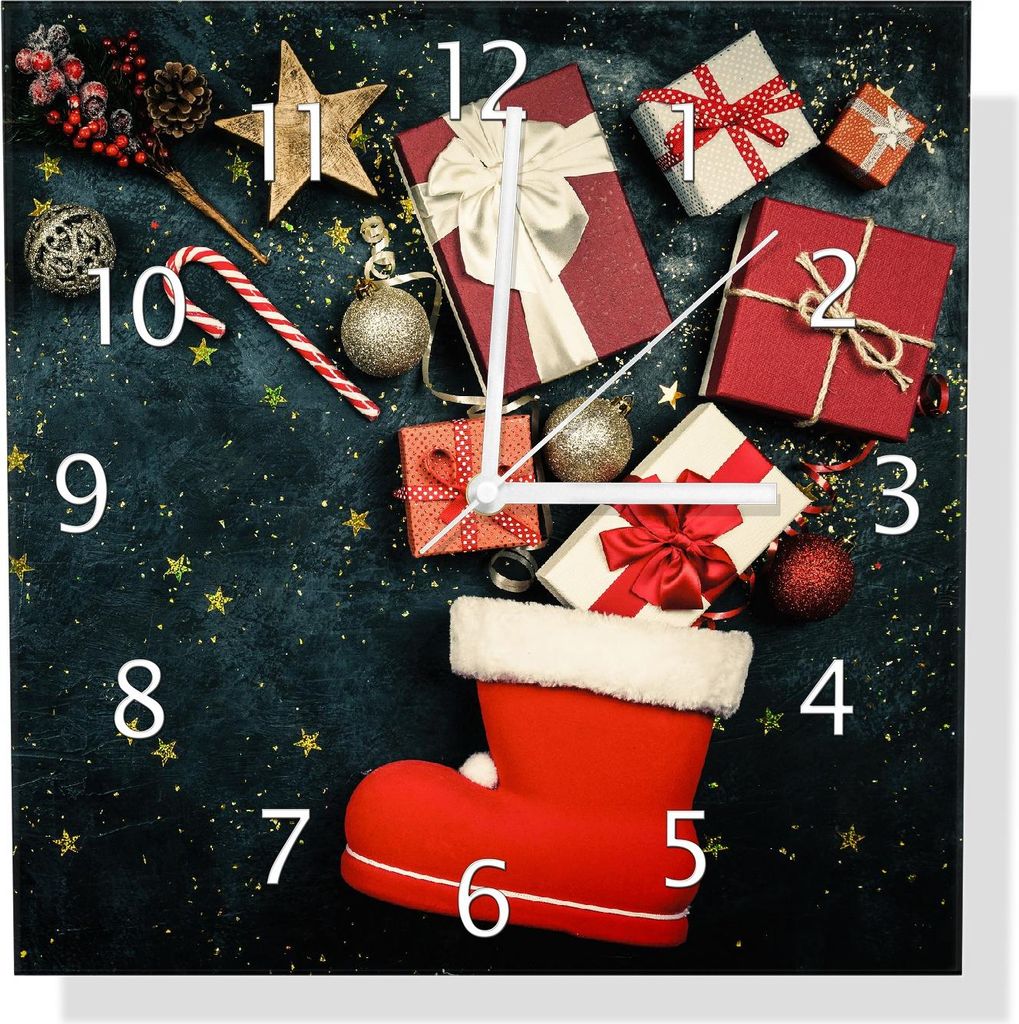 Wallario Design Wanduhr Gefüllter Nikolausstiefel aus Echtglas, Größe 30 x 30 cm