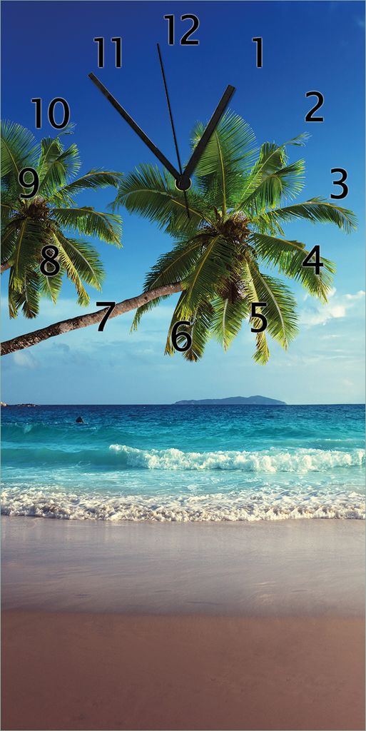 Wallario Design Wanduhr bedruckt, Größe 30 x 60 cm, Motiv: Sandstrand auf den Seychellen - Urlaub unter Palmen