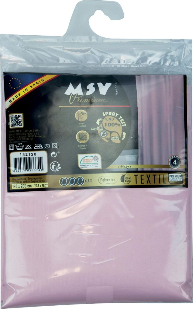 MSV Rideau de Douche, Multicolore, 180 x 200 cm, Einfarbig, Ring, Polyester, Pink, 30 °C, 1800 mm