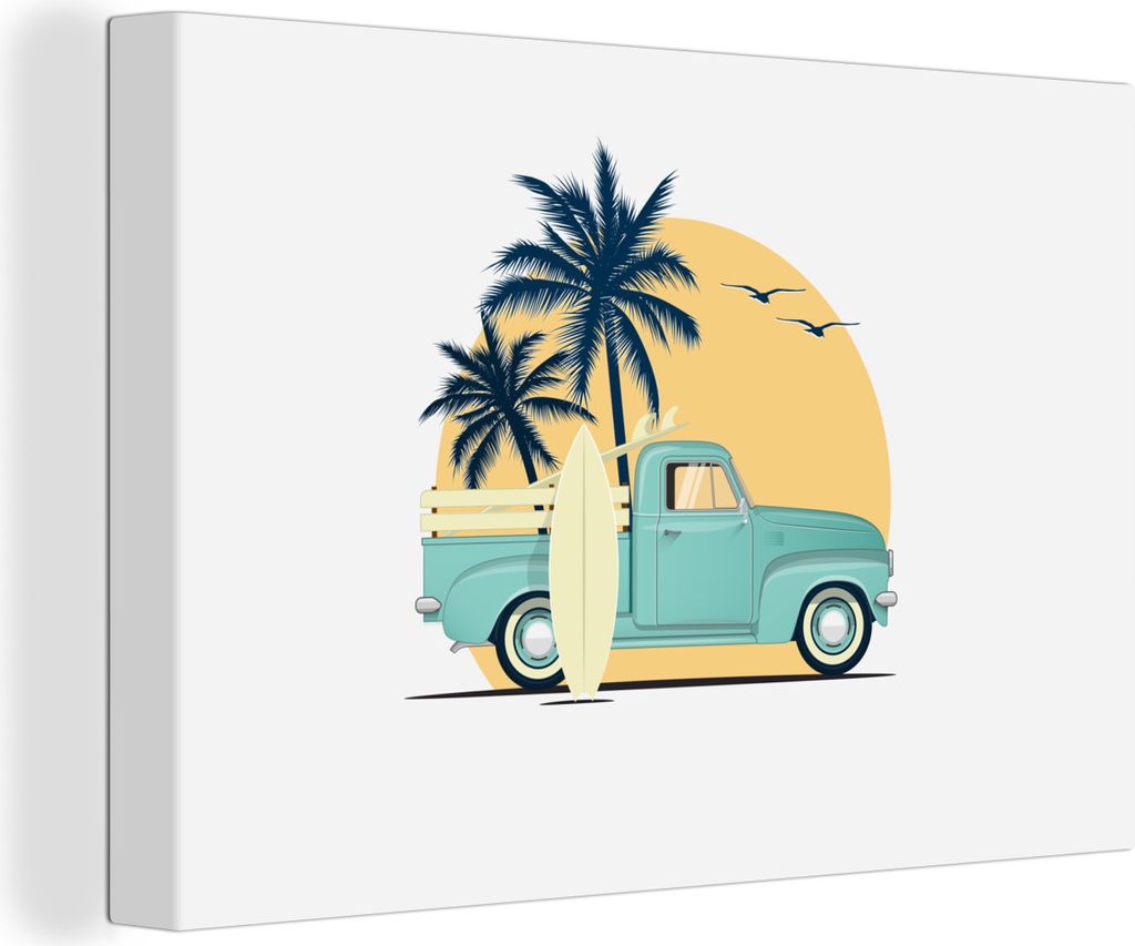 OneMillionCanvasses - Leinwandbilder - 150x100 cm, Auto - Surfen - Palme - Zeichnung, Wandbilder Kunstdruck Wanddekoration