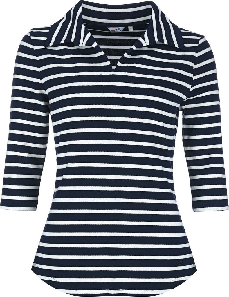 modAS Damen Shirt mit Polokragen und Streifen 3/4-Arm - Poloshirt Streifenshirt Ringelshirt aus Baumwolle in Blau/Weiß Größe 46