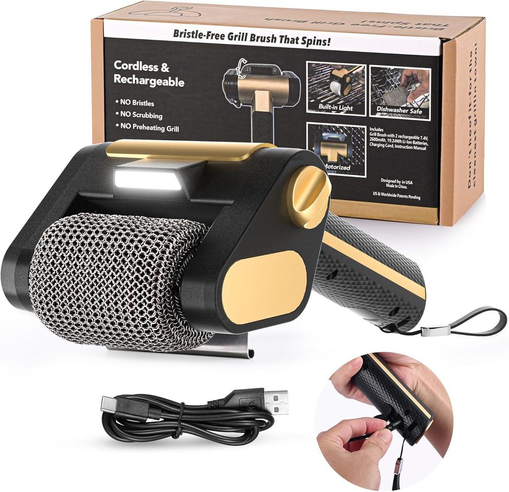 Elektrischer Grillreiniger Borstenfrei - 350RPM Kabellose BBQ Grillbürste mit Edelstahl Walze, LED-Licht, 4000mAh Reinigungsbürste für Holzkohle...
