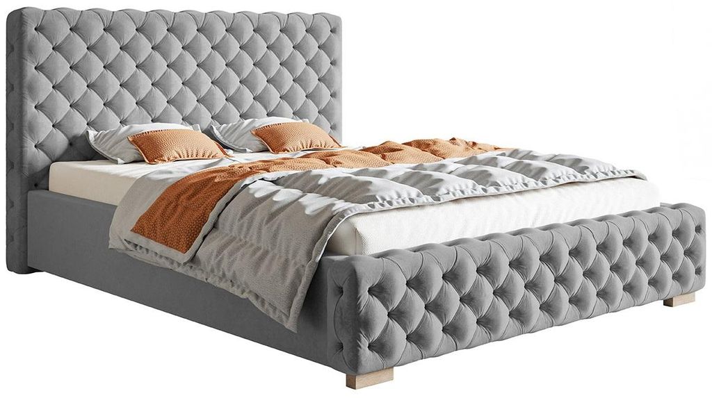 Schlafzimmerbett 160x200 cm Adora - Hersteller, Polsterbett mit Metall Lattenrost, Bettkasten - Samtstoff Grau