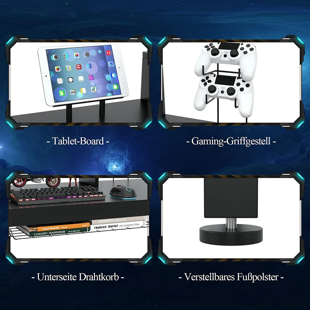 Table d'Ordinateur Gaming 140 cm Ergonomique avec Support Multimédia