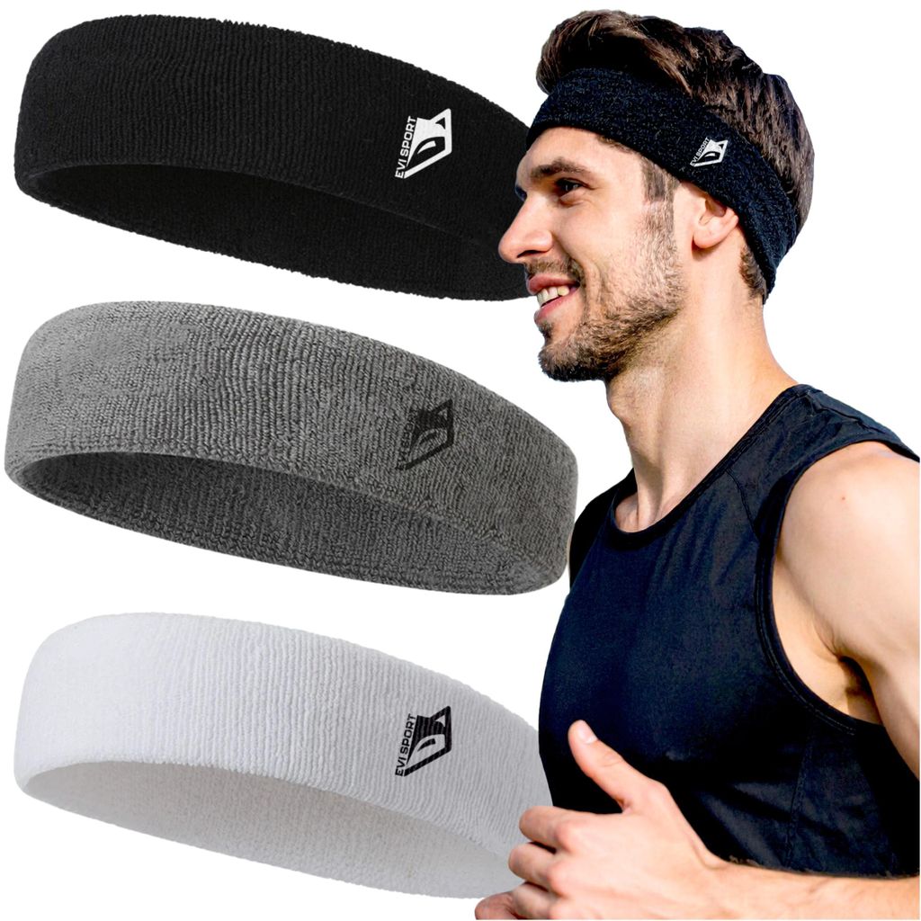 Sport Stirnband Herren & Damen 3er-Set, Schweißband Kopf Baumwolle-Frottee-Optik, Elastisch & Saugstark für Laufen, Tennis & Fitness, EVI SPORT