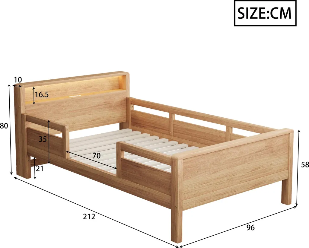 Lit Simple 90x200 cm Multifonctions en Pin Naturel avec LED et USB - 5