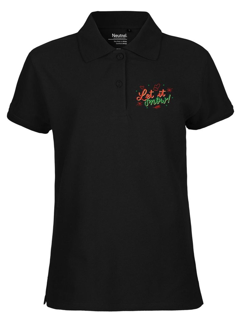 Huuraa Damen Polo Shirt Let it Snow Schriftzug L Black Bio Baumwolle Fairtrade Poloshirt Geschenkidee