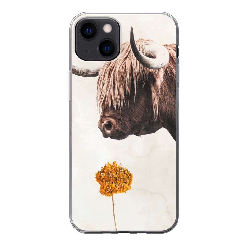 MuchoWow Handyhülle Schutzhülle Hülle für iPhone 13 Schottischer Highlander - Vintage - Blume Silikon Softcase Handy Hülle - Karteninhaber