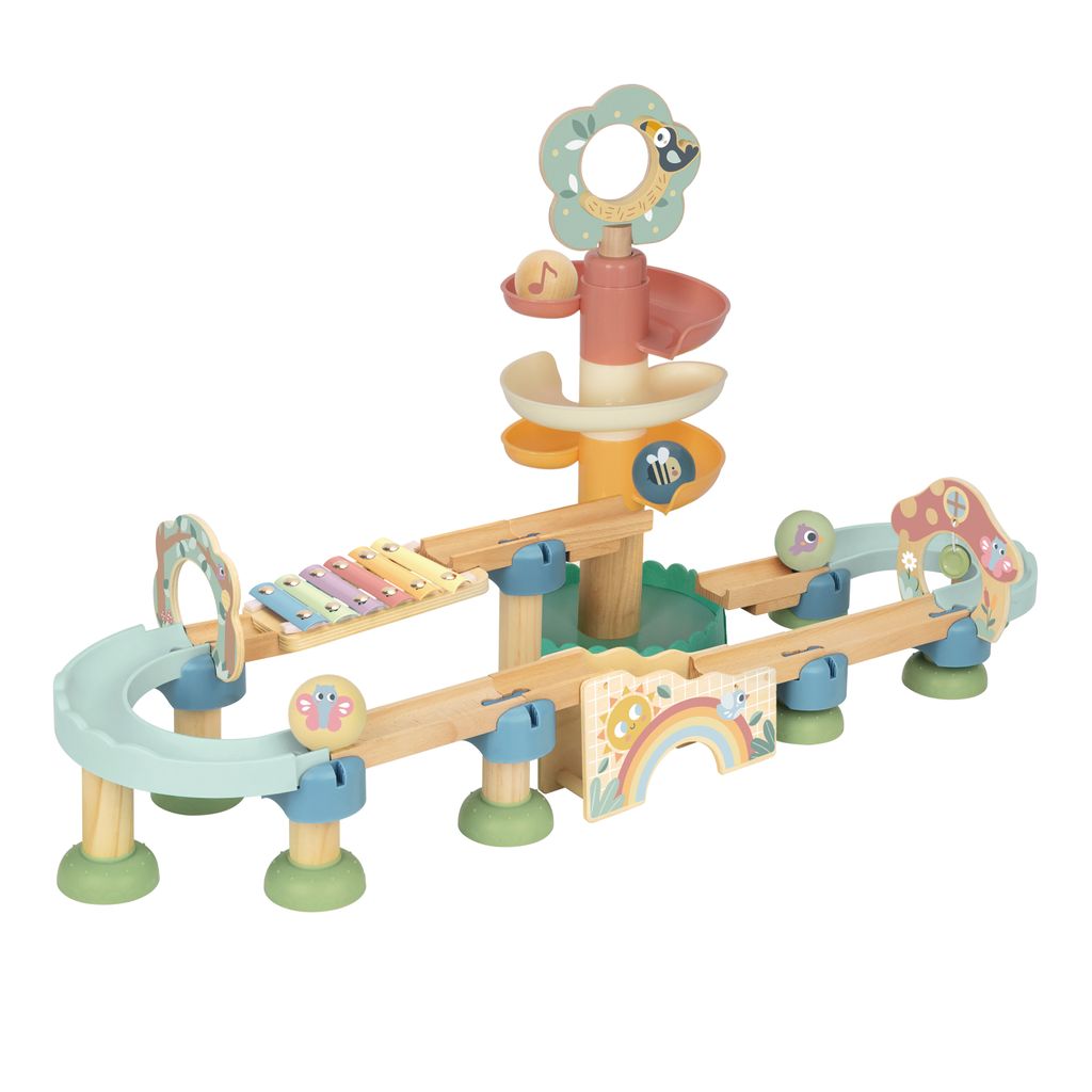 Tooky Toy Murmelbahn aus Holz für Babys in Pastellfarben | Kugelbahn mit Xylophon und Spiralturm - inkl. 4 Kugeln | Montessori Spielzeug für
