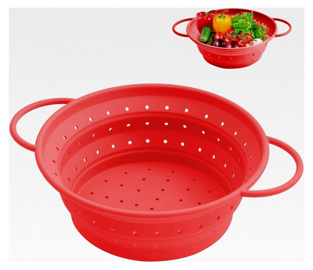 Faltbares Sieb, Klappbares Abtropfsieb, Klappbare Küchenschale, Küchensieb für Nudeln, Obst, Gemüse, Silikon, 21,5 cm, Rot