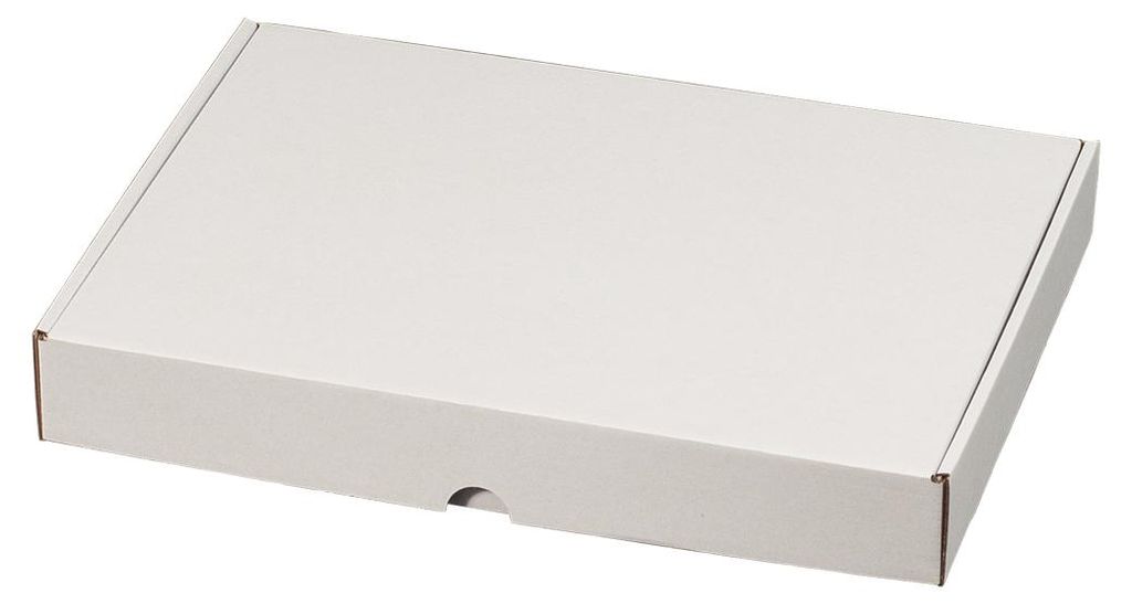 A white cardboard box is shown from a slightly elevated diagonal angle against a white background.