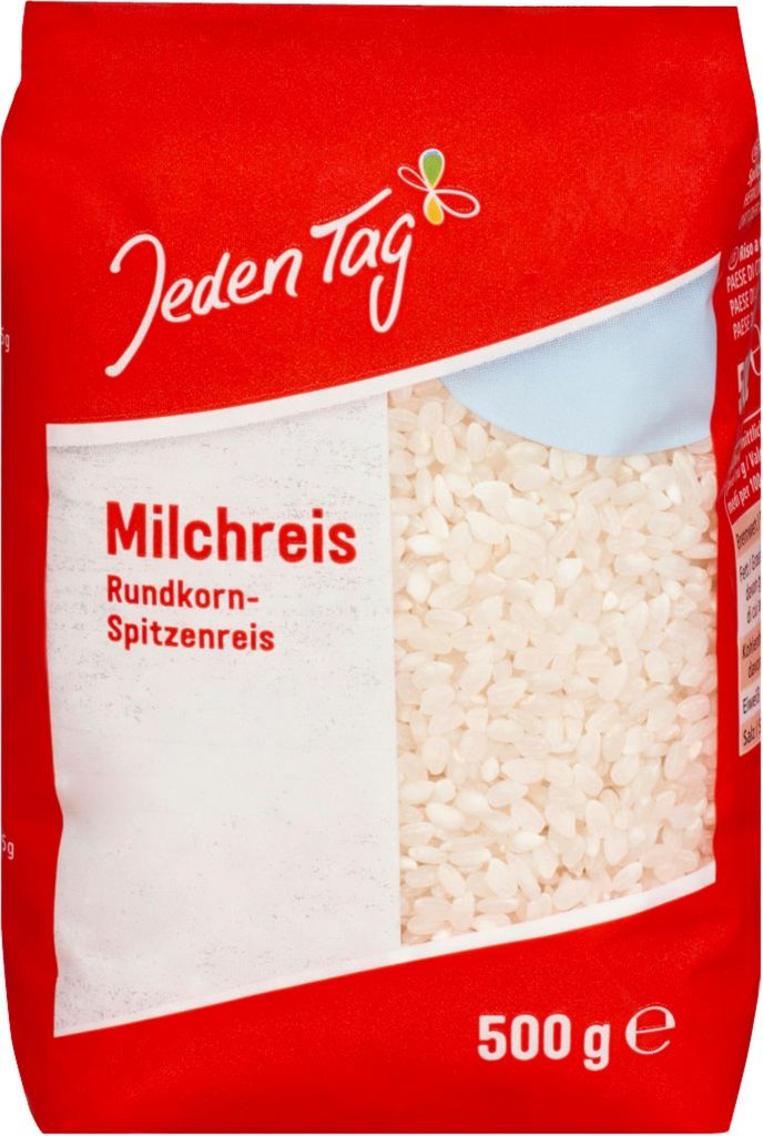 A bag of Milchreis (rice pudding rice) from the brand 'Jeden Tag'.