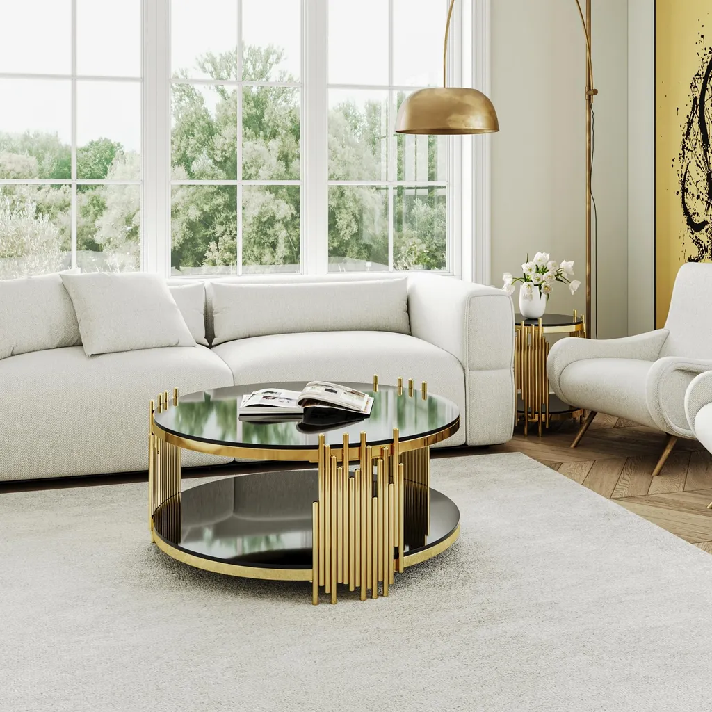Table Basse de Luxe en Acier Doré et Verre Noir Double Compartiment