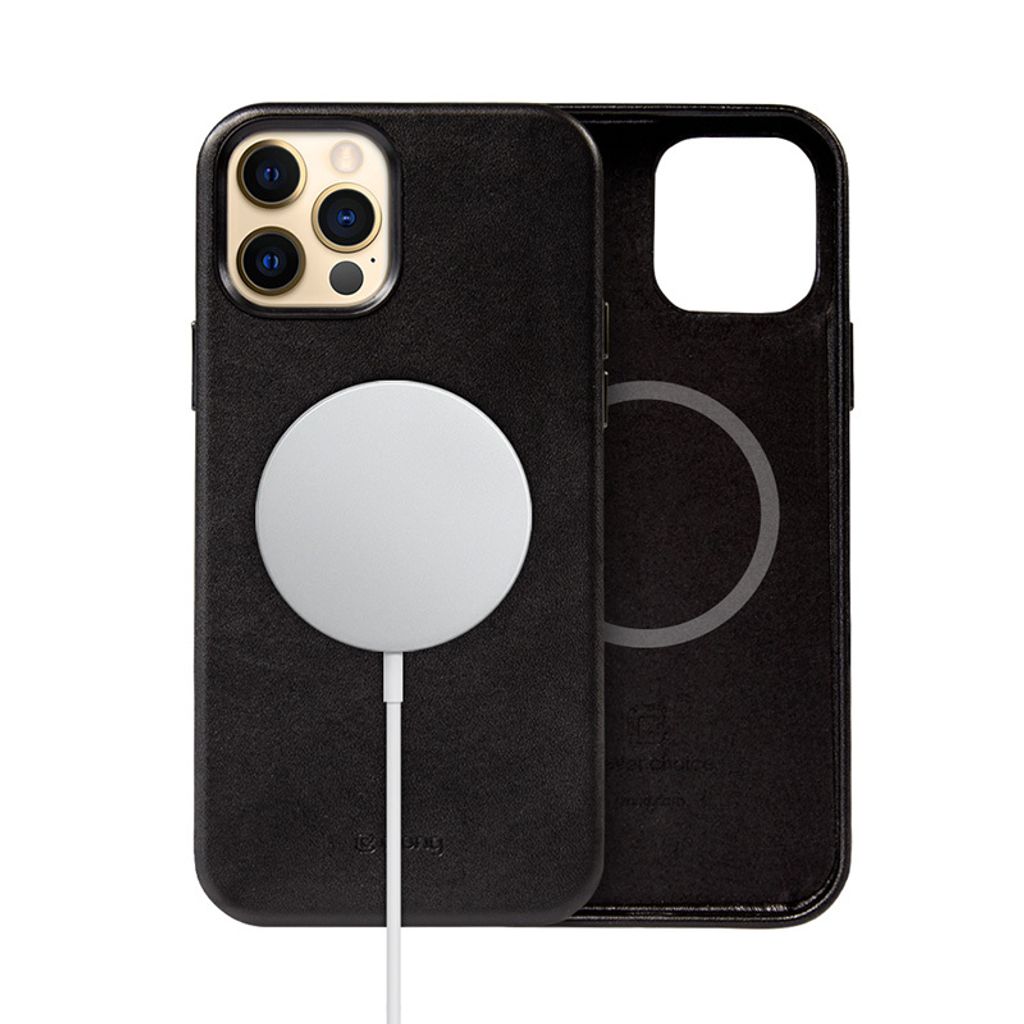 A black iPhone 12 Pro Max case with a MagSafe charger attached, shown from the back.