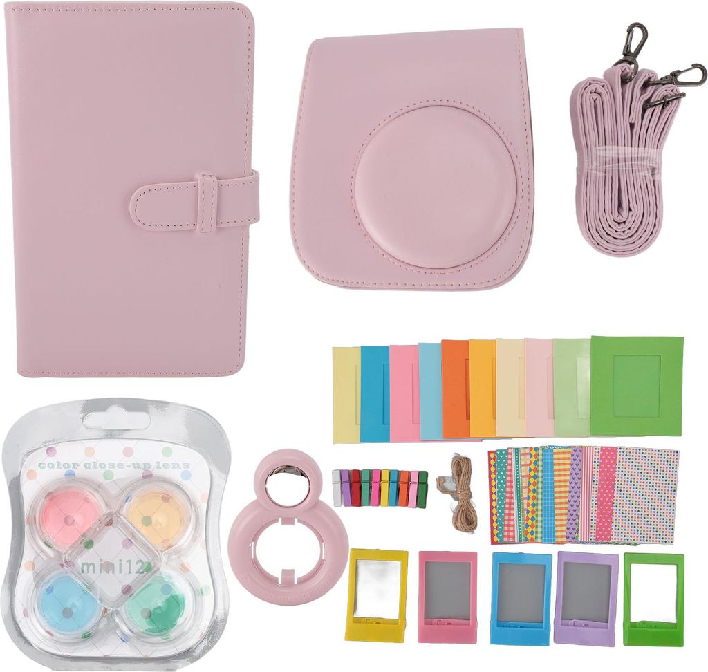 Sofortkamera Schutzhülle mit Fotorahmen Album Schultergurt Selfie Mirror Filter Aufkleber Kunstledertasche für Instax Mini12 Light Sakura Pink