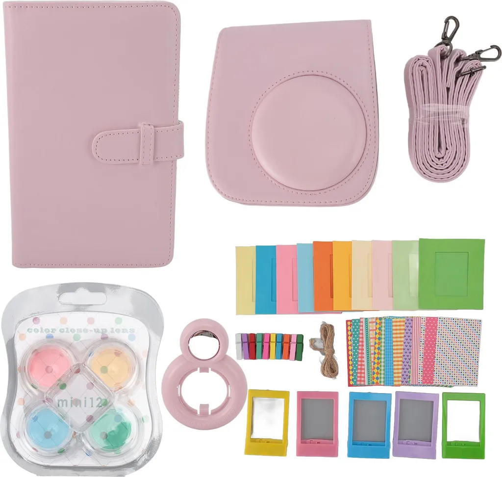 Étui en Cuir pour Instax Mini 12 avec Kit Accessoires et Album Photo Rose
